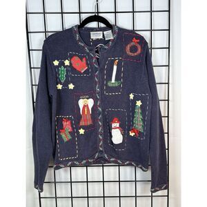VTG Northern Treasures Womens M Navy Blue Button-Up‎ Cardigan Holiday Sweater